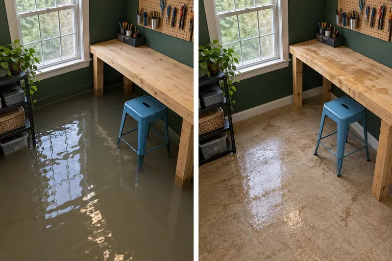 Water Extraction Near San Gabriel Park — standing water before pickup and damp floor afterward