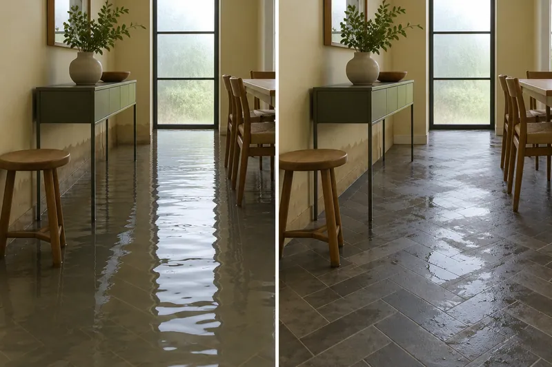 Water Extraction Near Rivery Park — standing water before pickup and damp floor afterward