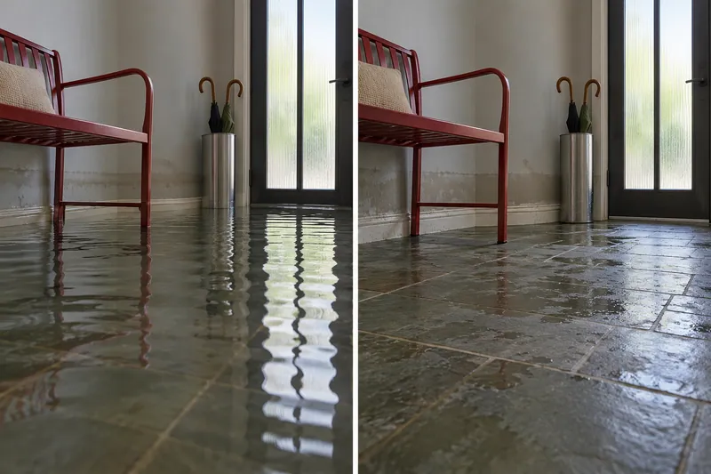 Water Extraction Near Chandler Park — standing water before pickup and damp floor afterward
