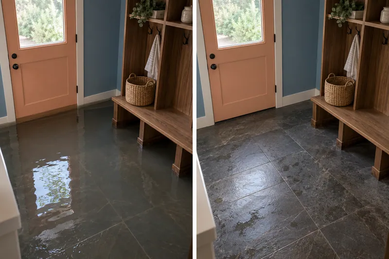 Water Extraction Near Garey Park — standing water before pickup and damp floor afterward