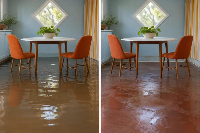 Water Extraction in Georgetown — standing water before pickup and damp floor afterward